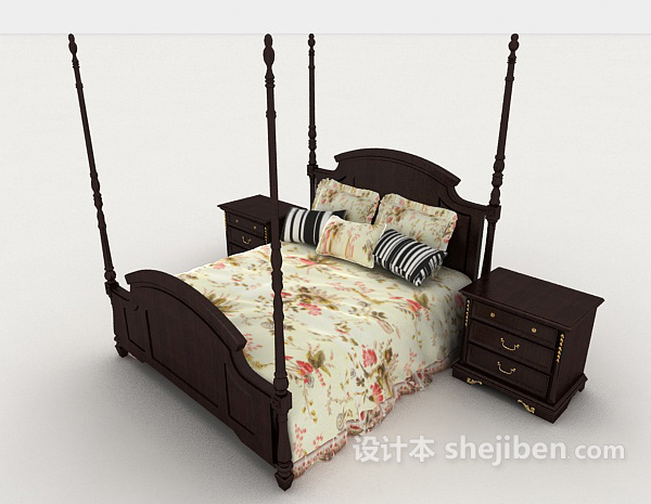 家居花纹木质双人床3d模型下载