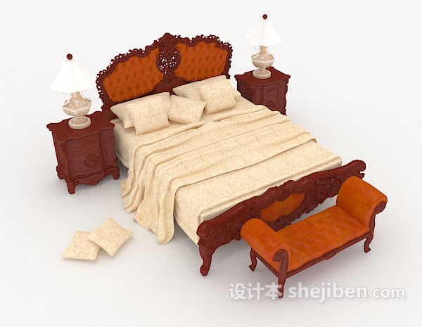 中式木质棕色家居双人床