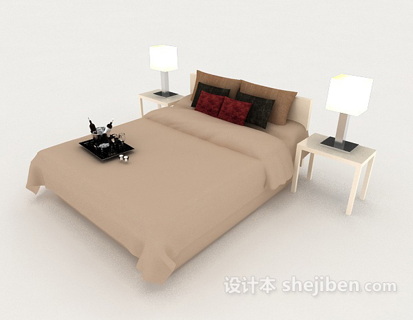 简单浅棕色双人床3d模型下载