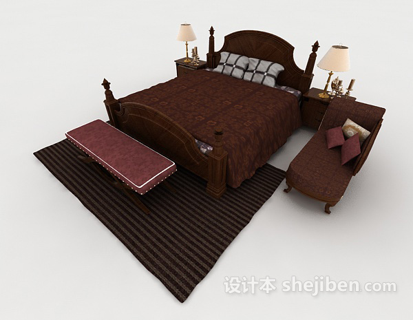 新中式棕色木质双人床