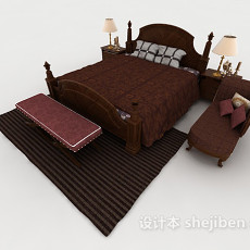 新中式棕色木质双人床3d模型下载