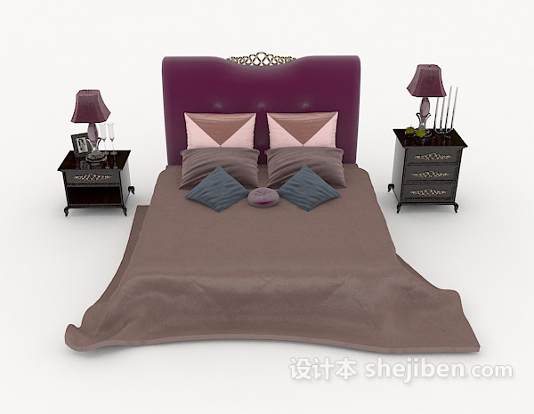 现代风格现代简约紫色双人床3d模型下载