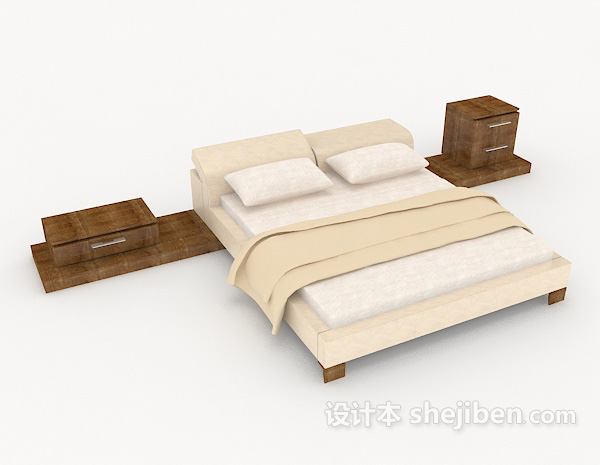 木质家居米白色双人床3d模型下载