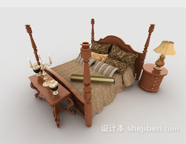 新中式复古实木双人床3d模型下载
