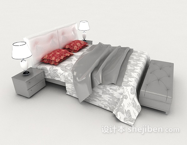 设计本简欧灰色家居双人床3d模型下载