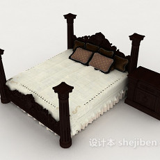新中式深棕色实木双人床3d模型下载