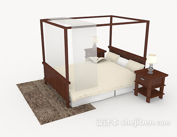 设计本新中式红木双人床3d模型下载