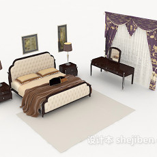 中式复古木质双人床3d模型下载