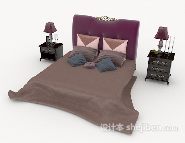 免费现代简约紫色双人床3d模型下载