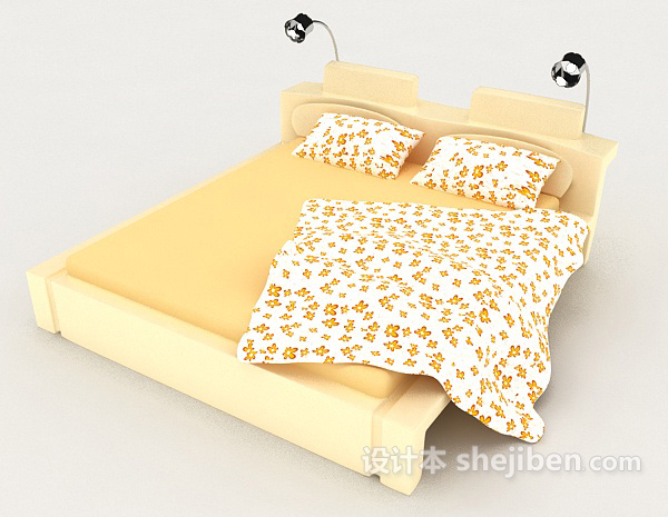 暖黄色花纹双人床3d模型下载