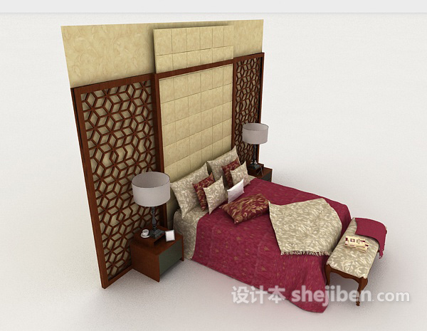 设计本中式红色双人床3d模型下载
