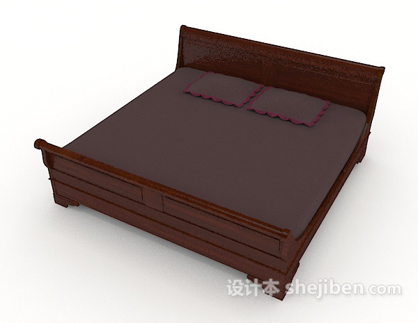 免费新中式木质深色双人床3d模型下载