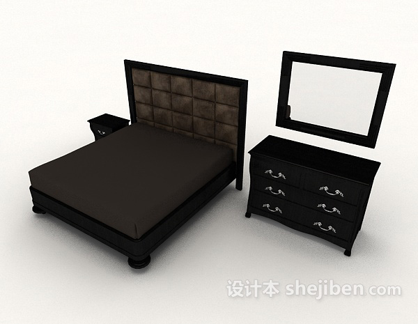 黑色简约双人床3d模型下载