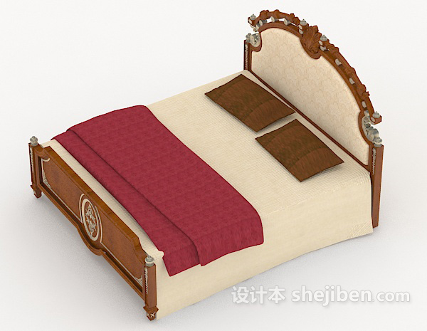 设计本木质中式复古双人床3d模型下载