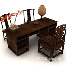 中式木质书桌椅子3d模型下载