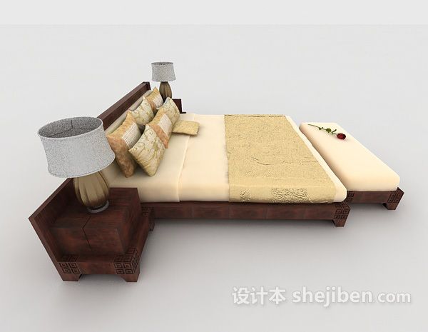设计本新中式木质浅黄双人床3d模型下载