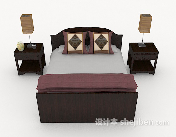 现代风格新中式深木双人床3d模型下载