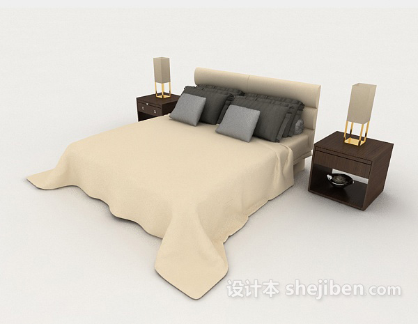 浅色木质双人床3d模型下载