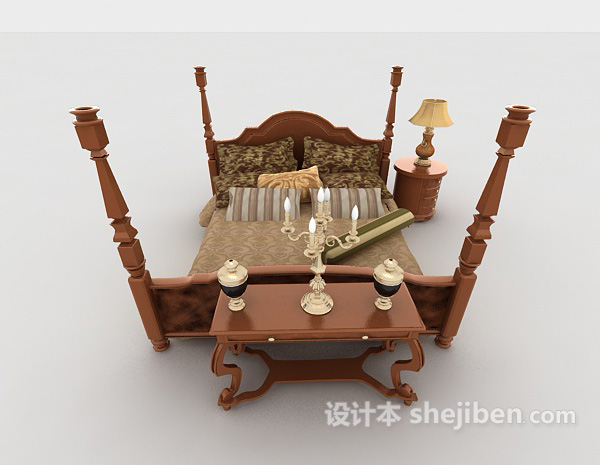 现代风格新中式复古实木双人床3d模型下载