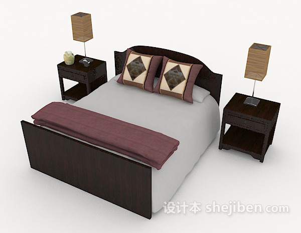 免费新中式深木双人床3d模型下载