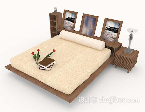 免费简约木质双人床3d模型下载