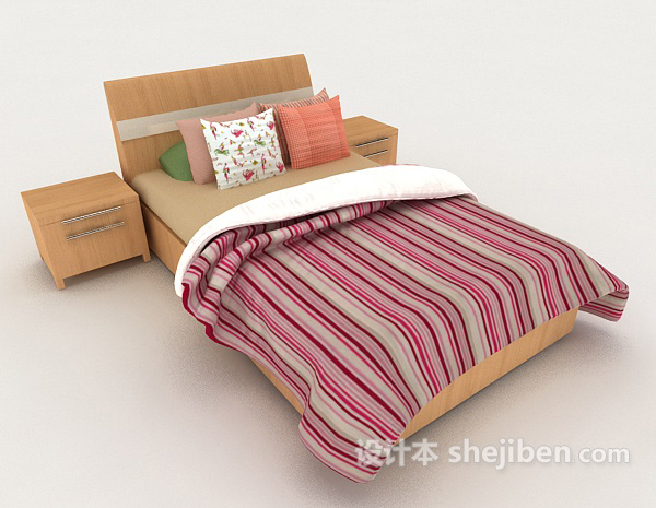 简单木质红色条纹双人床