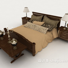 新中式复古木质双人床3d模型下载