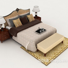 木质花纹双人床3d模型下载