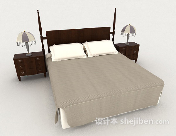 中式风格新中式简约实木双人床3d模型下载