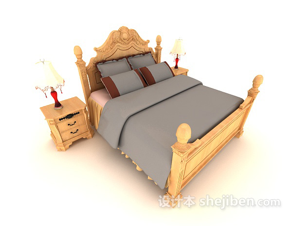 设计本新中式木质黄色双人床3d模型下载