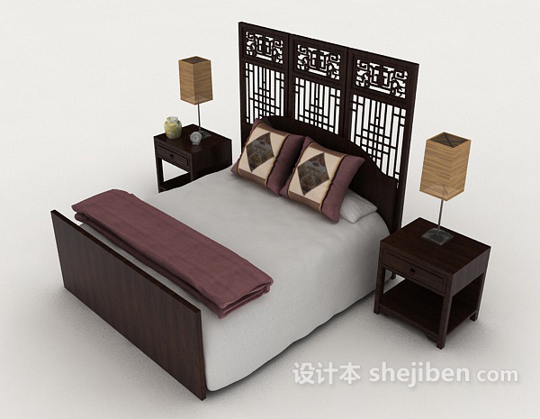 中式木质家居双人床