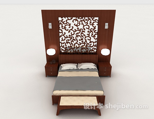 免费新中式家居木质双人床3d模型下载