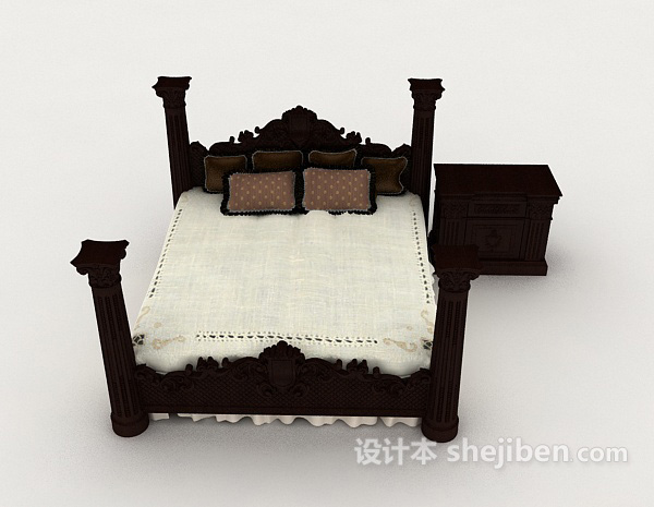 中式风格新中式深棕色实木双人床3d模型下载