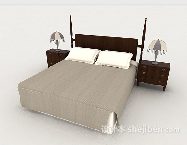 免费新中式简约实木双人床3d模型下载