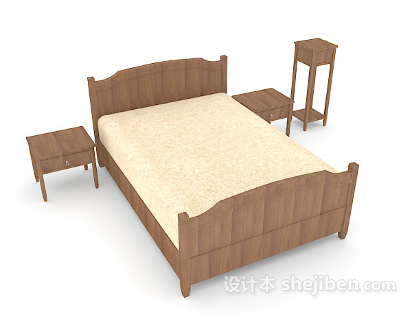 木质暖黄色双人床3d模型下载