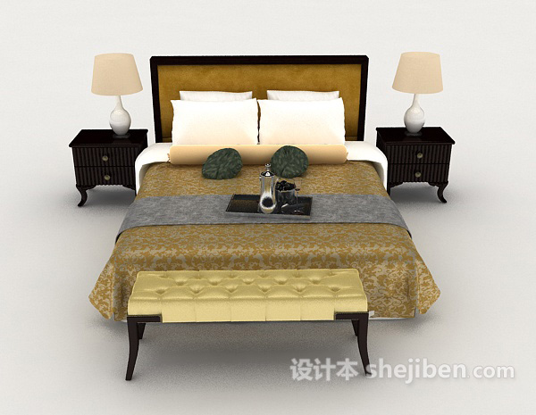 现代风格黄色木质商务床3d模型下载