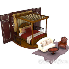 木质棕色家居双人床3d模型下载