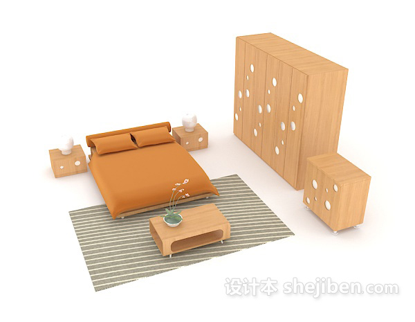 现代风格实木简单家居床3d模型下载