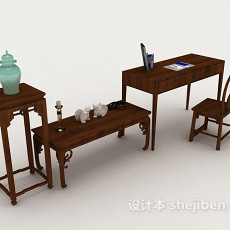 中式简约木质书桌椅3d模型下载