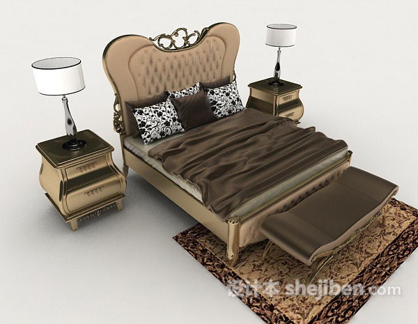 深棕色欧式双人床3d模型下载