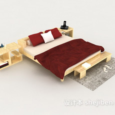 红色木质双人床3d模型下载