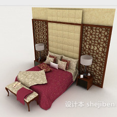 中式红色双人床3d模型下载