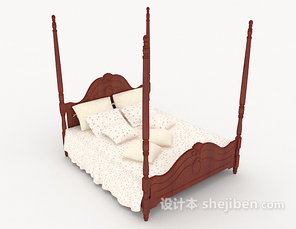 中式简单木质双人床3d模型下载