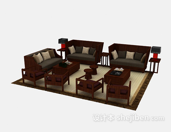免费新中式风格实木沙发3d模型下载