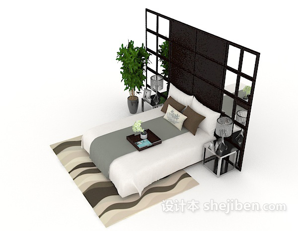 设计本商务简约白色双人床3d模型下载