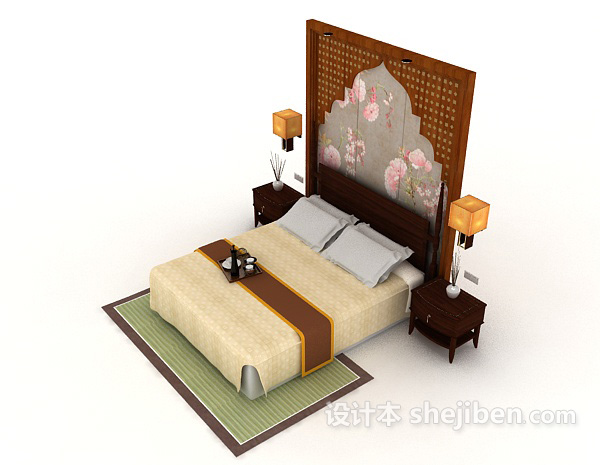设计本新中式木质家居复古双人床3d模型下载