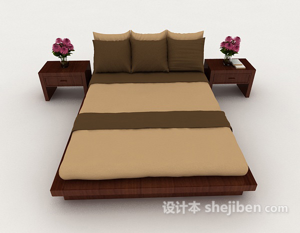 中式风格新中式棕色双人床3d模型下载