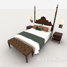 家居木质白色双人床3d模型下载