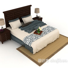 家居木质蓝白双人床3d模型下载