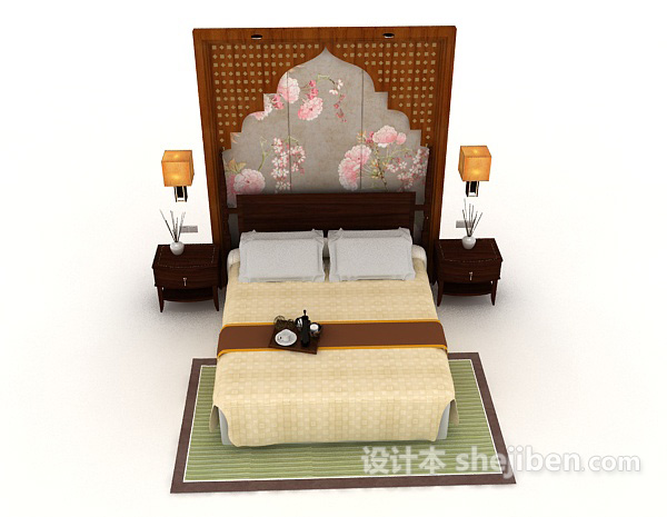 中式风格新中式木质家居复古双人床3d模型下载